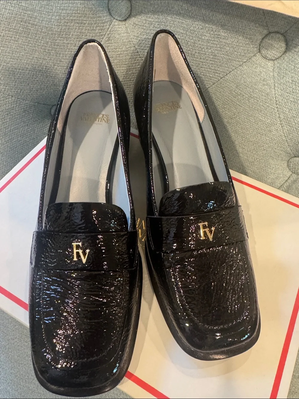 Frances Valentine Black crinkle soft Patent Loafers Gold FV Logo-Twiggy Loafer - Picture 1 of 11